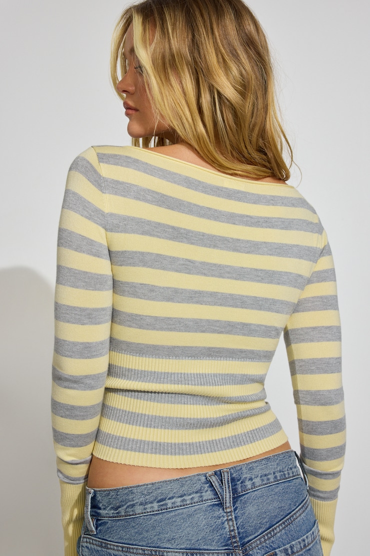 Ryan Fitted Boatneck Sweater, Anise Flower Yellow/Spring Grey Mix Stripes, large