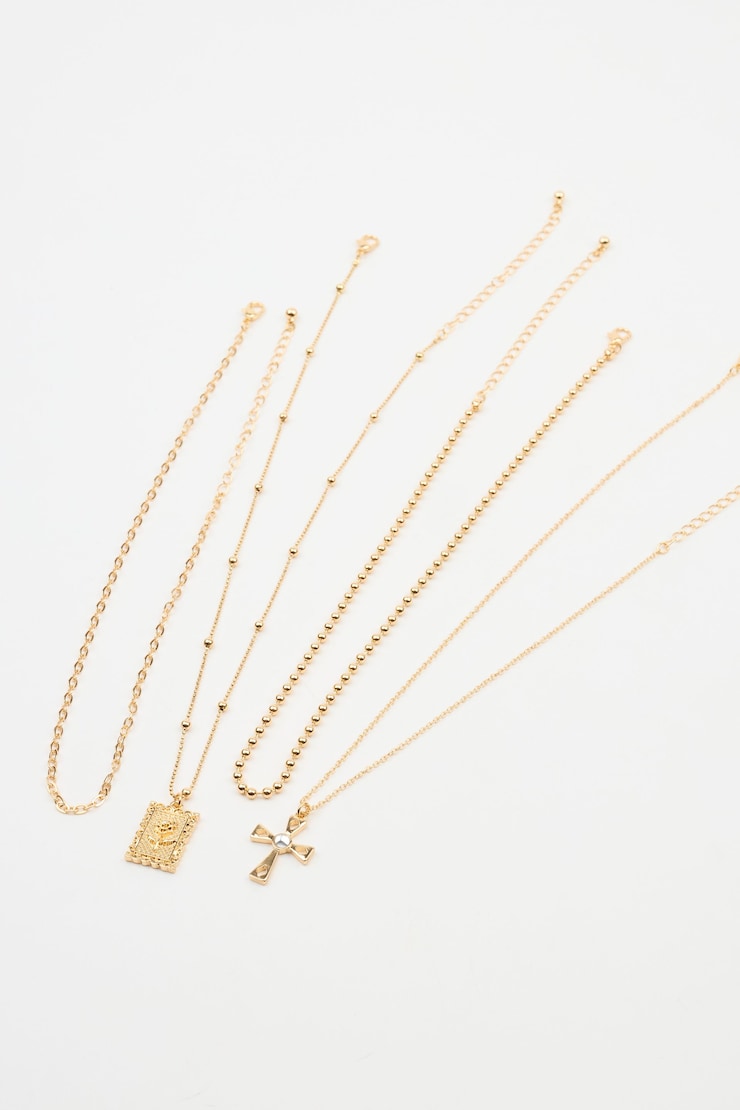 Set Of 4 Cross & Rose Pendant Necklaces, Gold, large