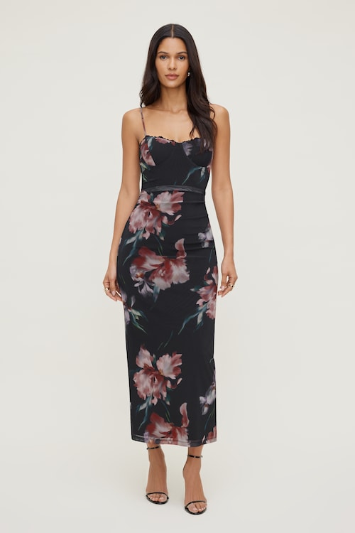 floral ruched bodycon dress Floral Ruched Midi Dress | Off Shoulder Mesh Bodycon Dress main image 1