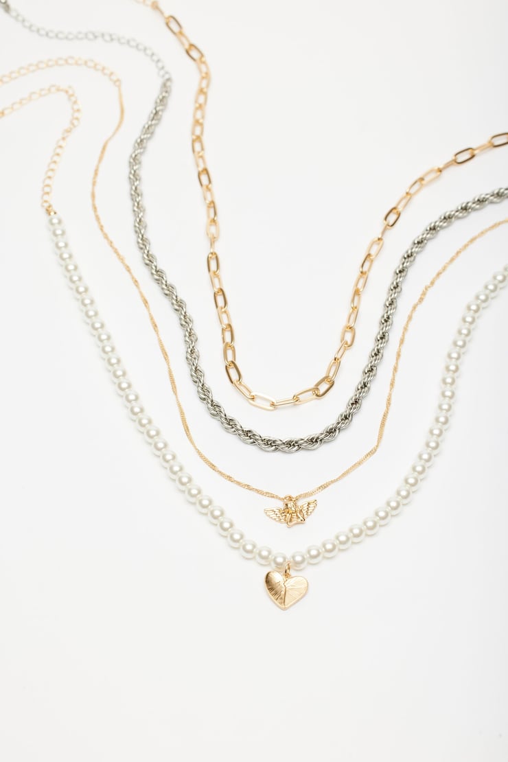 Set of 4 Pearl, Heart & Angel Charm Necklaces, Off White & Gold, large