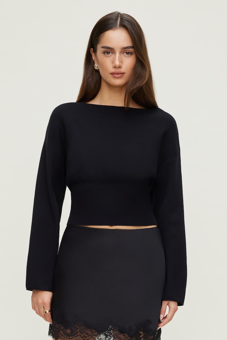 Cinched Boat Neck Sweater Jet Black large