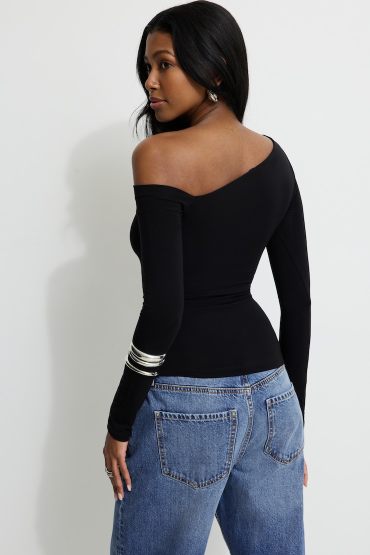 Kat Single Shoulder Jersey Top Jet Black large