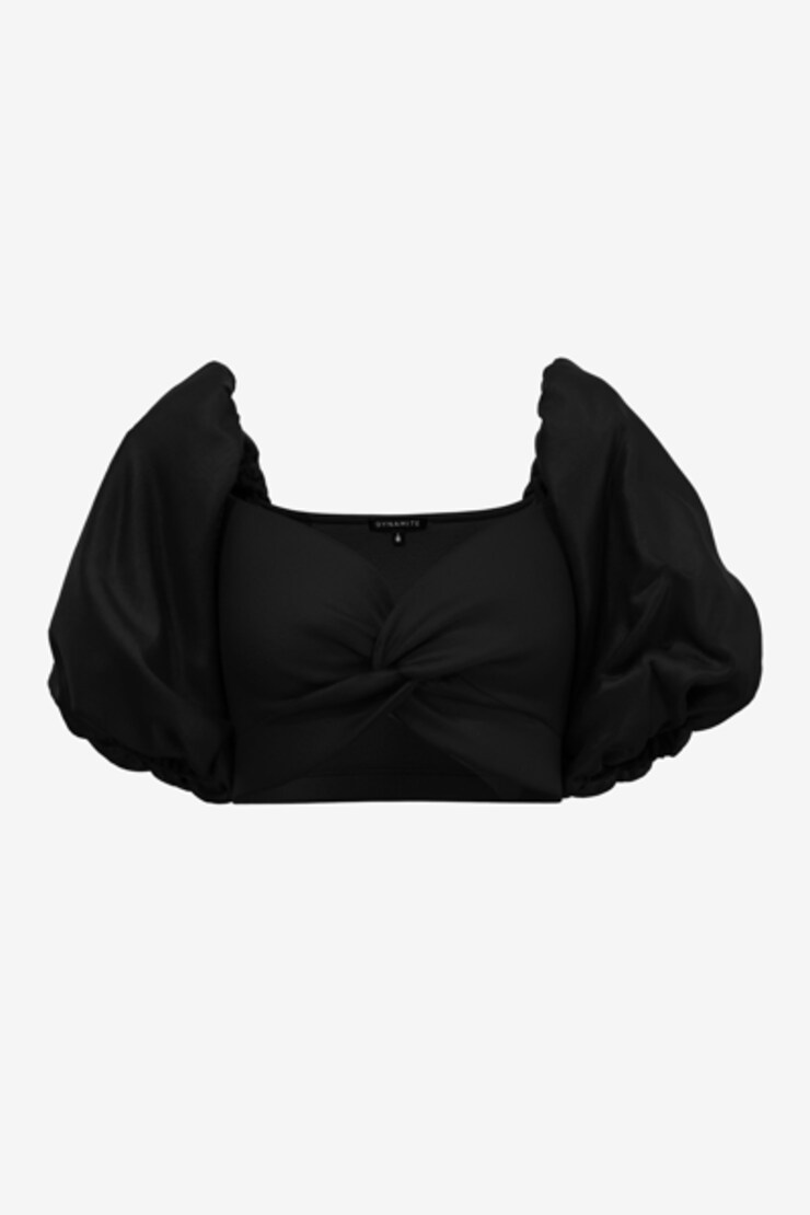 Indie Puff Sleeve Twist Front Crop Top  Jet Black  large