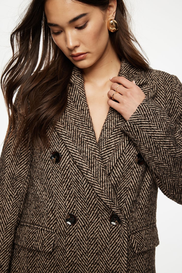 Double Breasted Herringbone Coat Brown/Off-White large