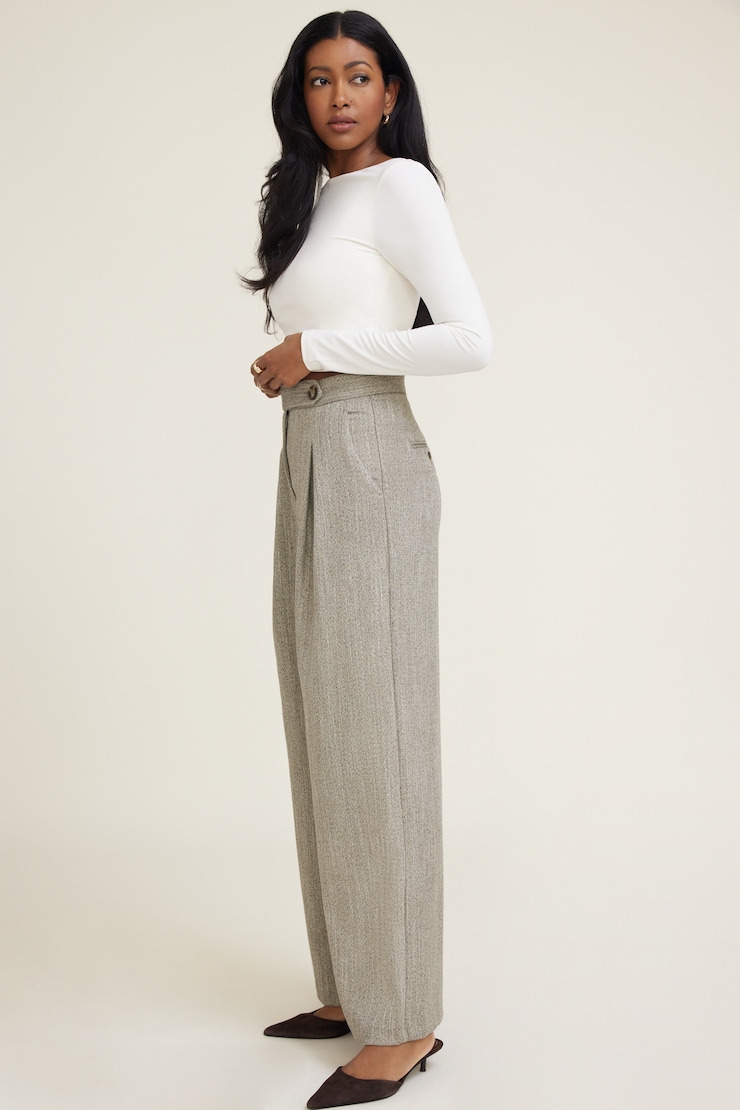Herringbone Pleated Wide Leg Pants Beige Herringbone large