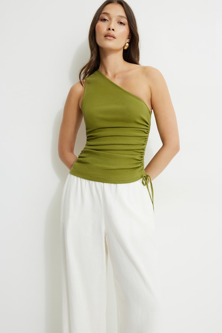 Beaded Drawstring Single Shoulder Jersey Top