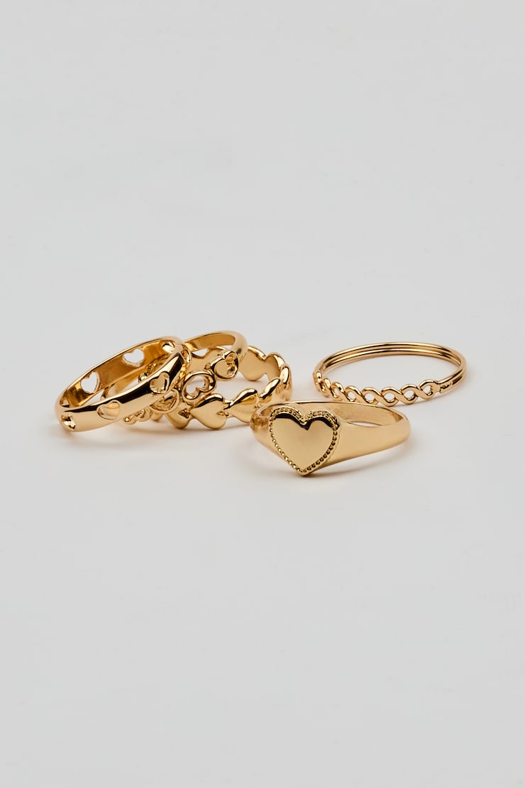 Set of 5 Allover Hearts Rings, Gold, large