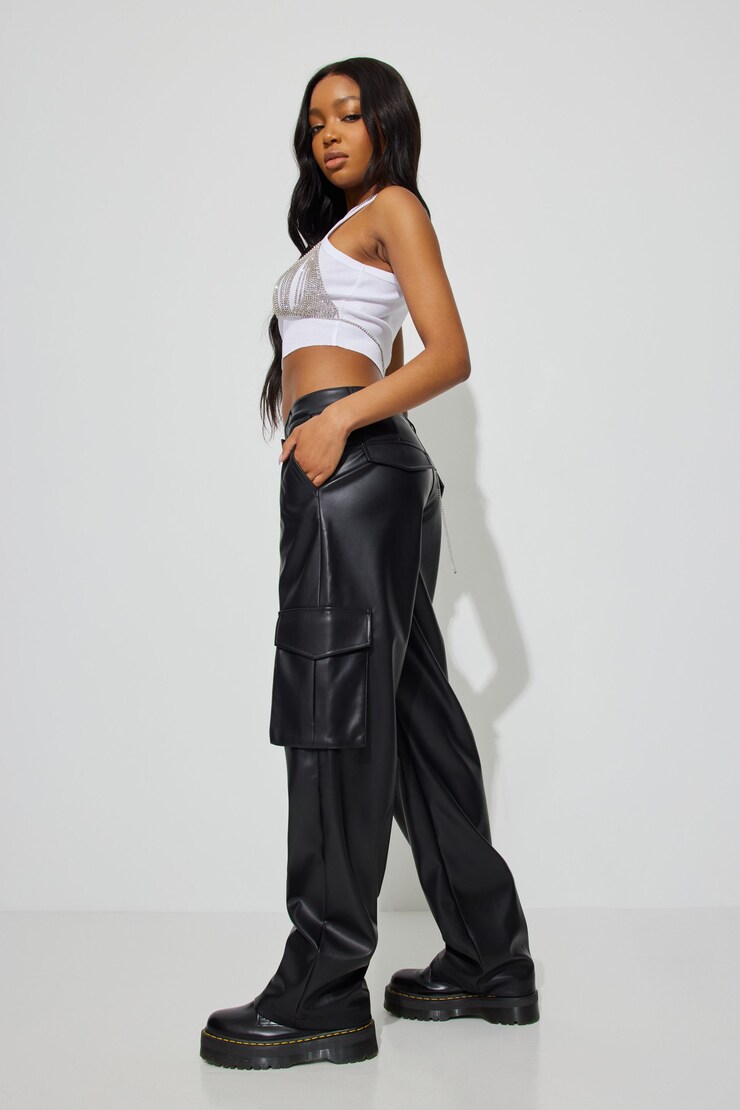 Faux Leather Cargo Pant, Jet Black, large