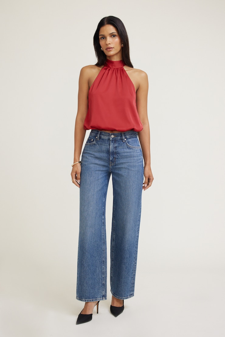 Paloma Bubble Satin Halter Blouse Chili Pepper Red large