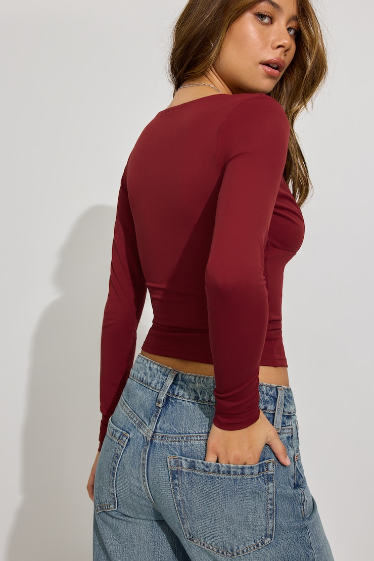Plunge Long Sleeve Top, Cabernet Red, large
