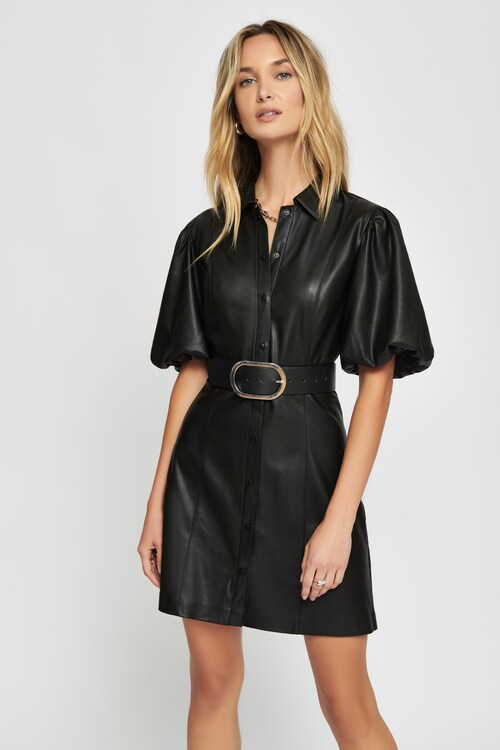 Maya Button-Up Faux Leather Dress BLACK | Dynamite