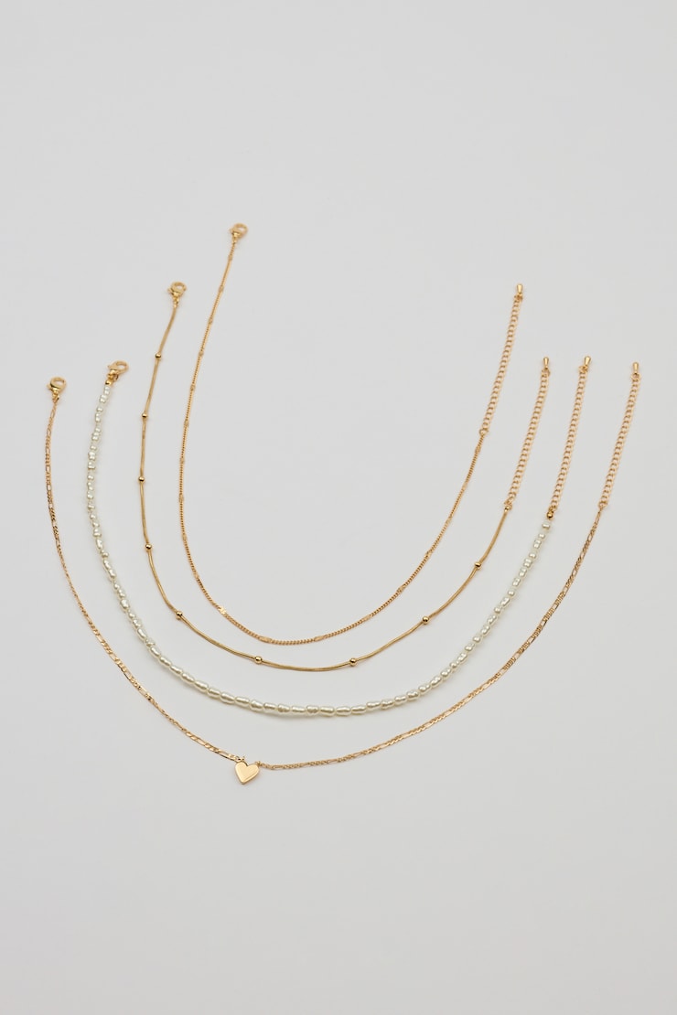 Set of 4 Heart & Pearls Necklaces, Gold, large
