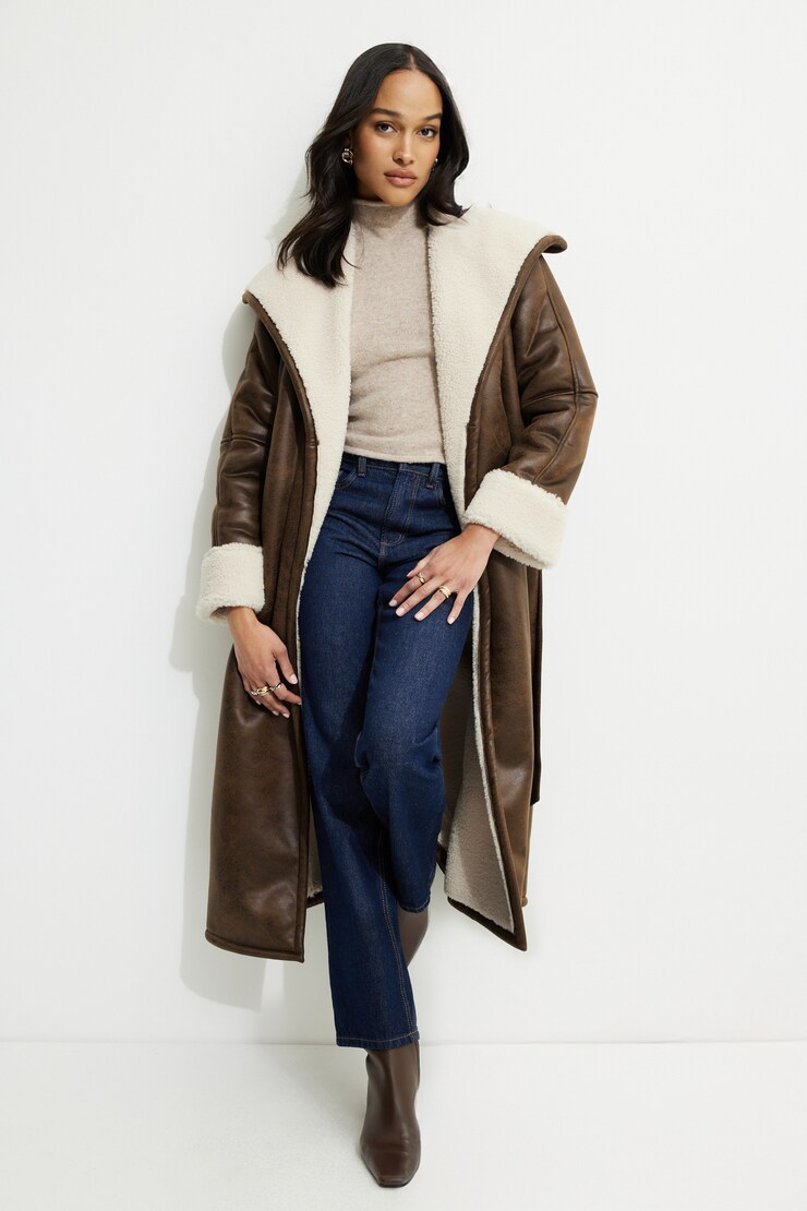 Sherpa Faux Leather Wrap Coat Java/Rainy Day large