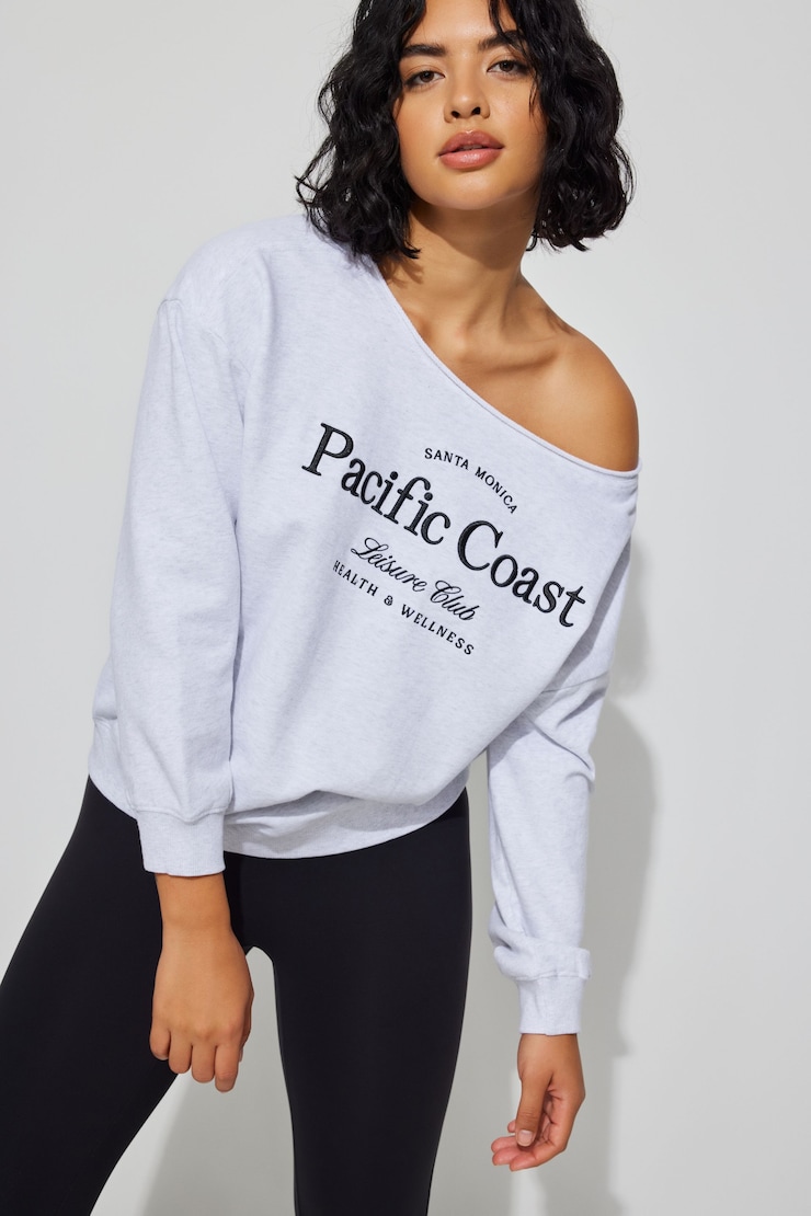 SoftTerry Off Shoulder Sweatshirt, Spring Grey Mix with "Pacific Coast" Art , large