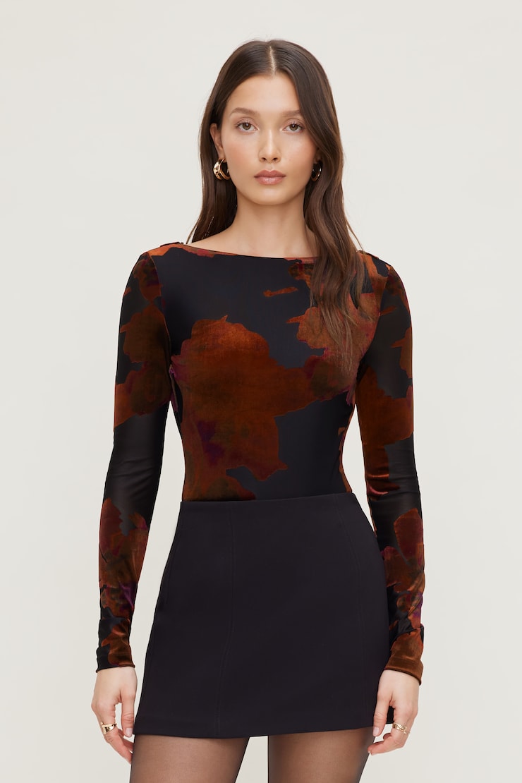 Burnout Cowl Back Bodysuit Red Burnout w/ Black large