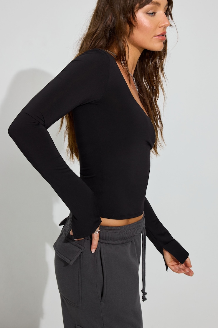 Extreme Scoop Neck Long Sleeve Top, Jet Black, large