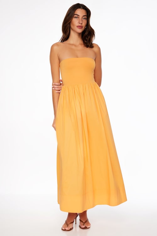 orange tube dress Zolique Orange Split Thigh Tube Dress Wedding Guest Women Maxi Summer Party Formal Gowns Bodycon Strapless Slim Fit Knitted Pencil Hem Sexy,M