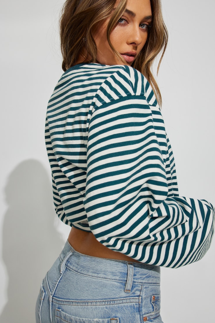 Fluid Long Sleeve Crewneck, Teal/Grey Stripes, large