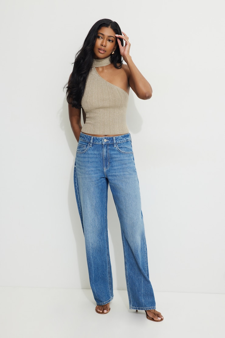 Ribbed Metallic Single Shoulder Scarf Top