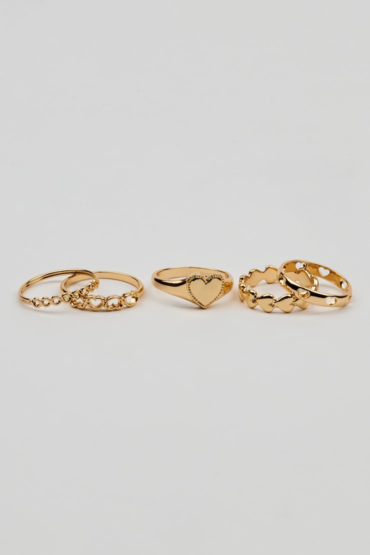 Set of 5 Allover Hearts Rings, Gold, large