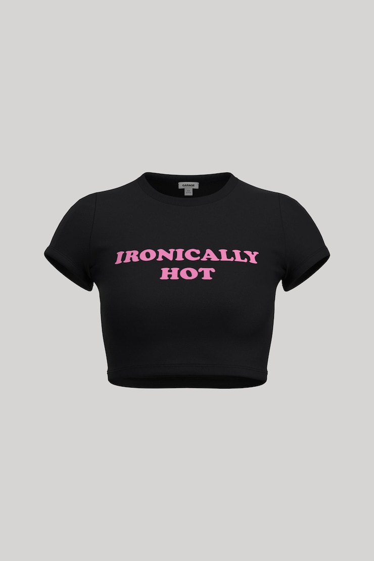 Stormi Tee, Jet Black with "Ironically Hot" , large