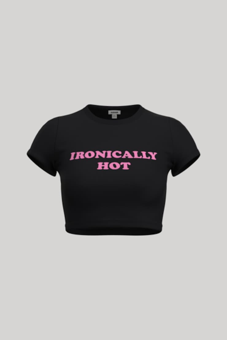 Stormi Tee, Jet Black with "Ironically Hot" , large