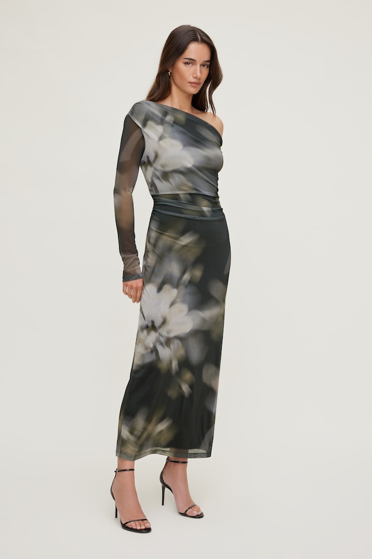Off Shoulder Mesh Maxi Dress Black Floral Blur large
