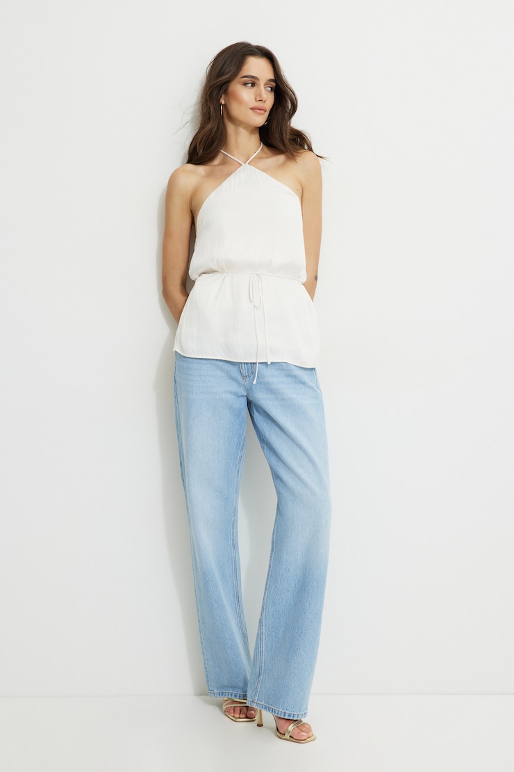 Tie Waist Satin Halter Top Sea Salt Off White large