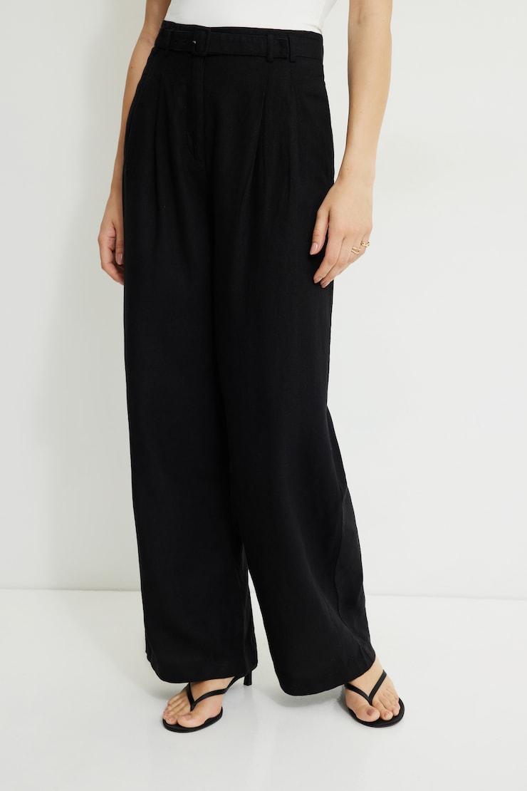 Belted Wide Leg Linen Pants Jet Black large
