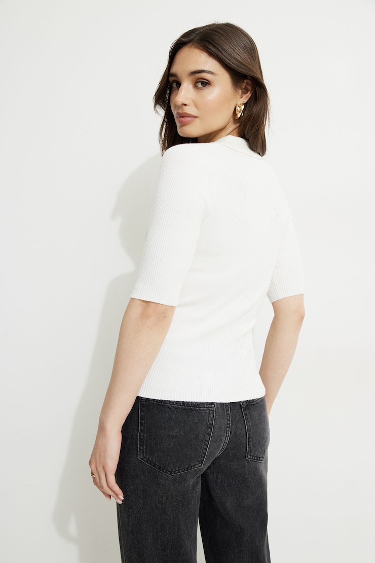 Ribbed Quarter Sleeve Polo Sweater Snow White large