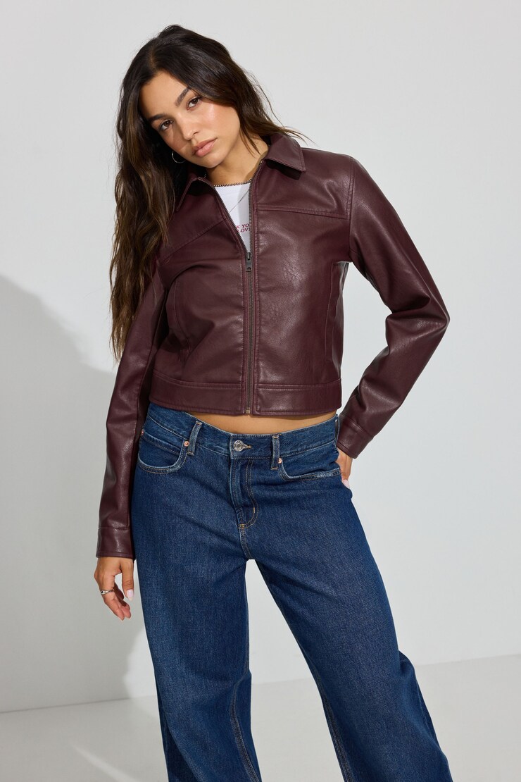 Faux Leather Worker Jacket, Port Royale Burgundy , large