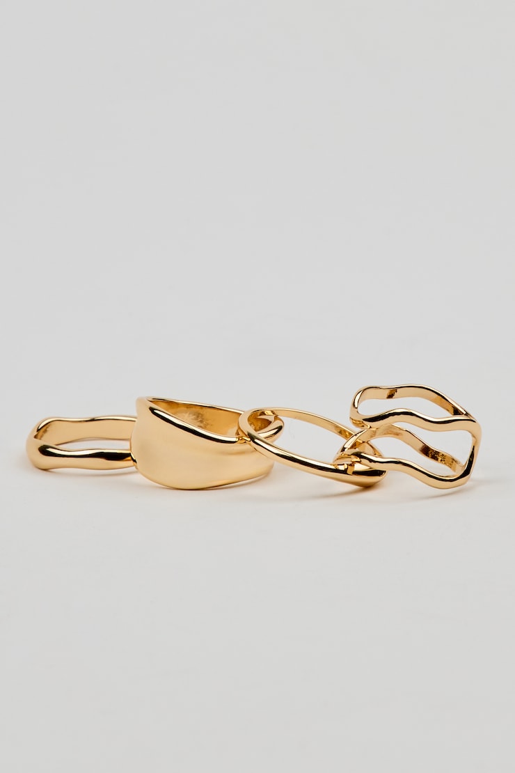 Set of 4 Wavy Minimal Rings, Gold, large