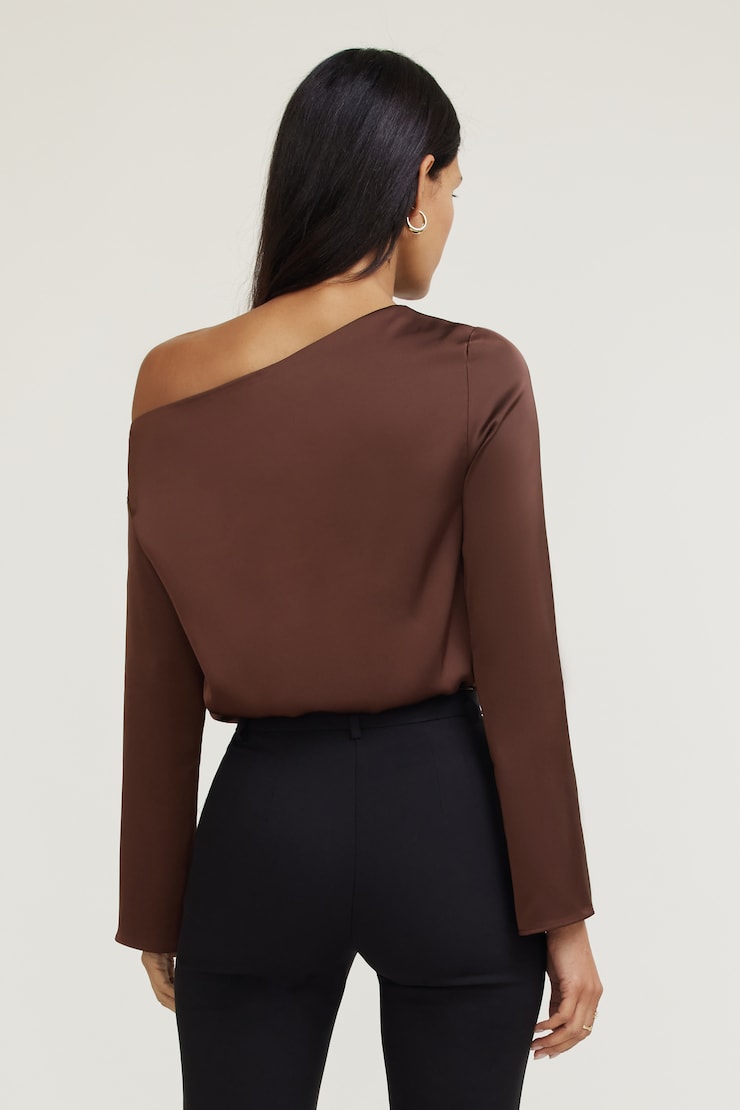 Off Shoulder Satin Blouse Brown | Dynamite