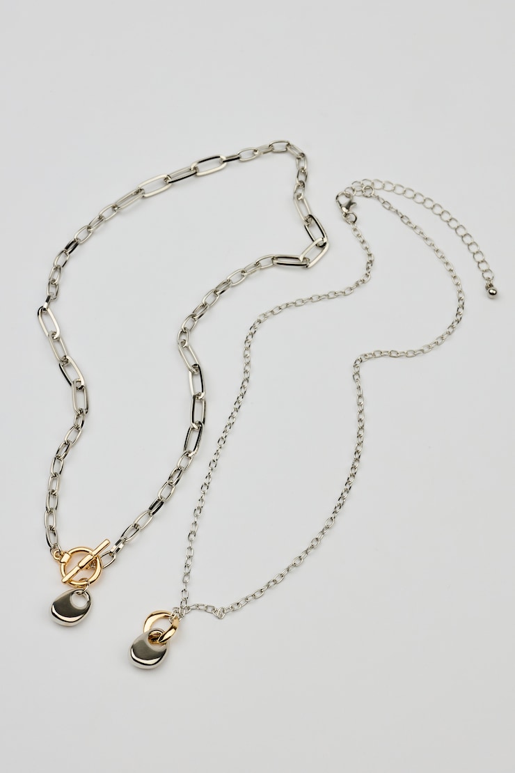 Set of 2 Mini Hammered Oval Necklaces, Gold/Silver, large