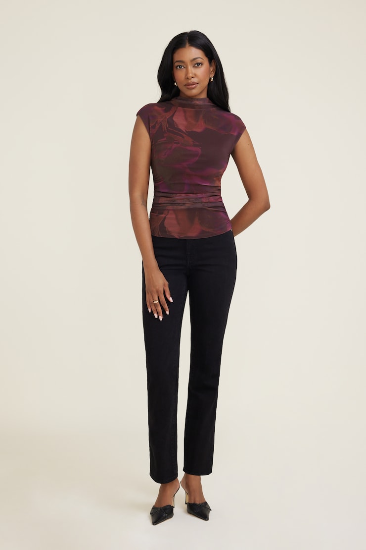 Printed Cap Sleeve Mesh Top