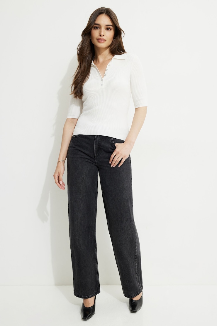 Ribbed Quarter Sleeve Polo Sweater Snow White large