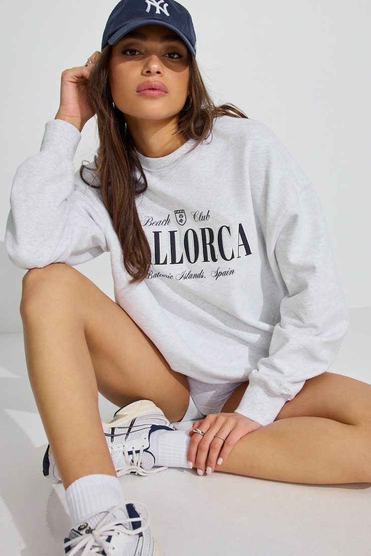 SoftTerry Oversized Crewneck Sweatshirt, Spring Grey Mix with "Mallorca" Art, large