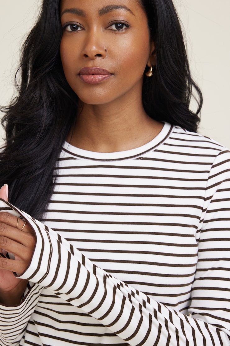 Striped Boxy Cotton Long Sleeve T Shirt Cream & Java Brown Stripe large
