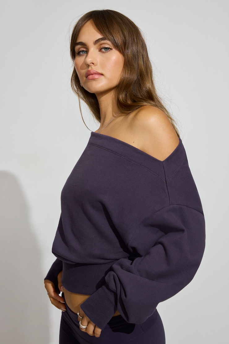 SoftTerry Rib Off Shoulder Sweater, Perky Plum Purple, large