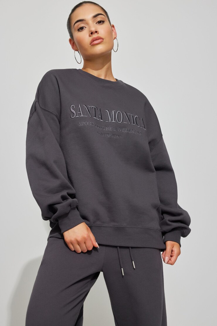Oversized Crewneck Sweatshirt, Forged Iron Grey with "Santa Monica"  Art, large