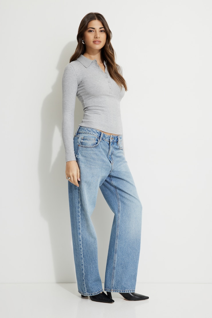 Ribbed Long Sleeve Polo Top Gray | Dynamite