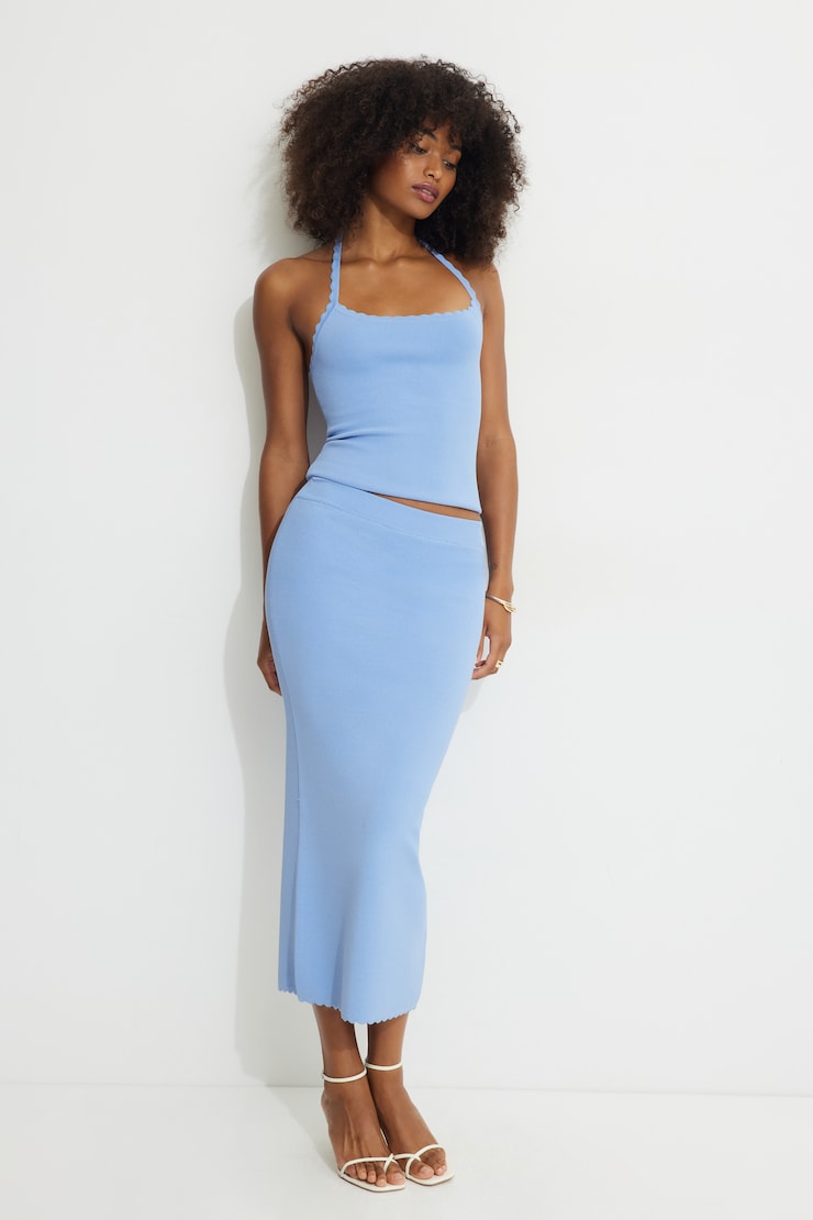 Scalloped Knit Halter Top Blue | Dynamite