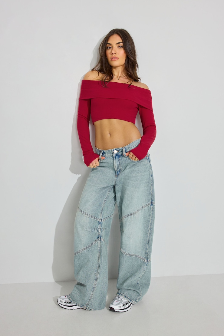 Kayla Foldover Off Shoulder Top, Chili Pepper Red, large