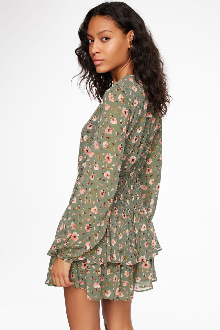 Long Sleeve Tiered Mini Dress Green & Blush Floral large