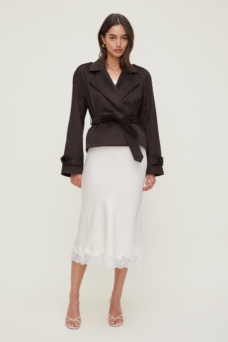 Jupe midi en satin et dentelle