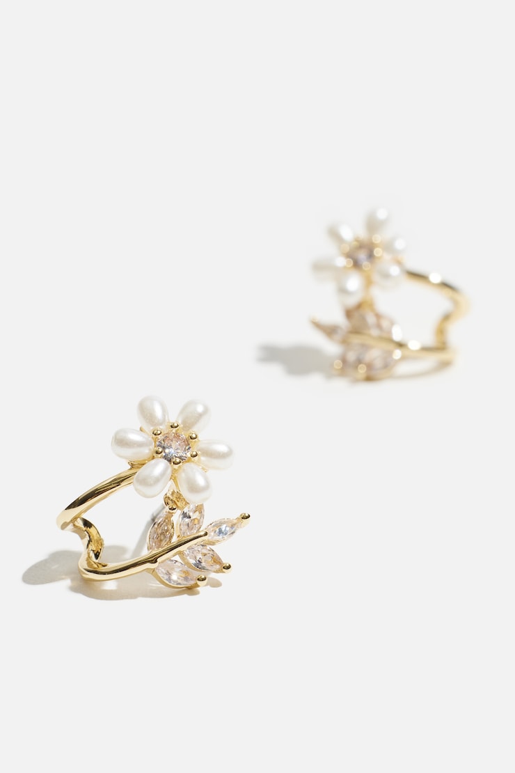 Pearl Flower & Leaf Huggie Earrings Off White/Gold large