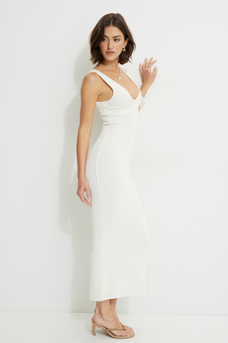 Crocheted V Neck Maxi Sweater Dress Snow White large