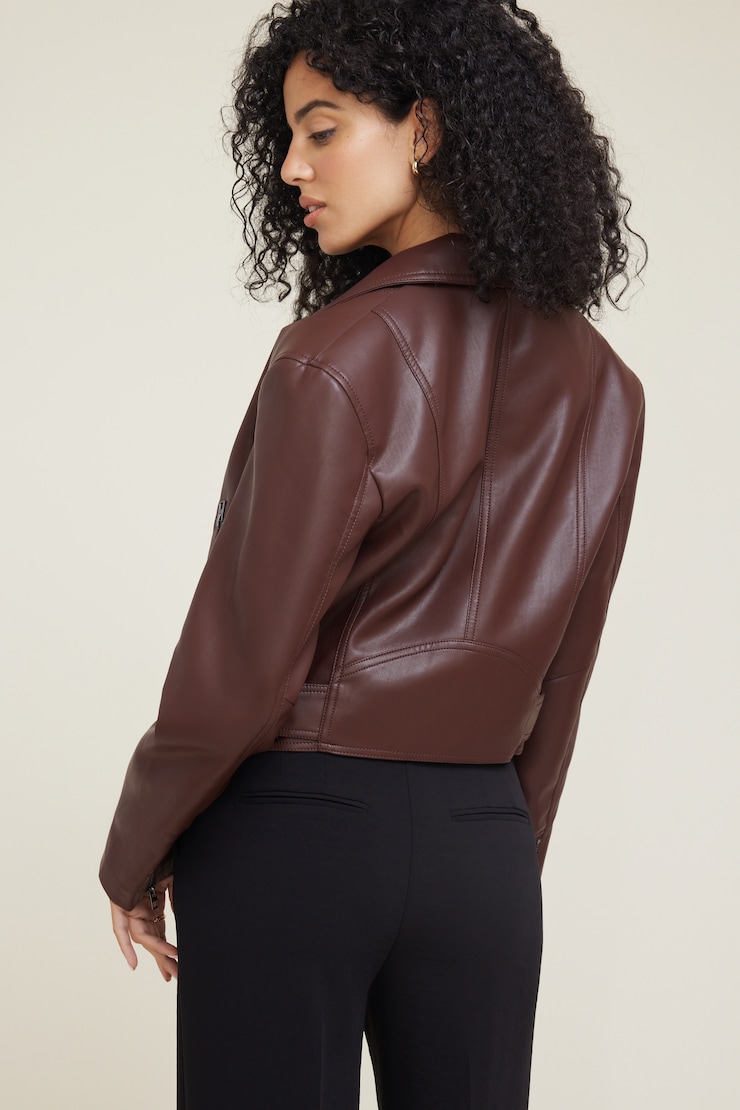 Belted Faux Leather Moto Jacket Bitter Chocolate Burgundy large