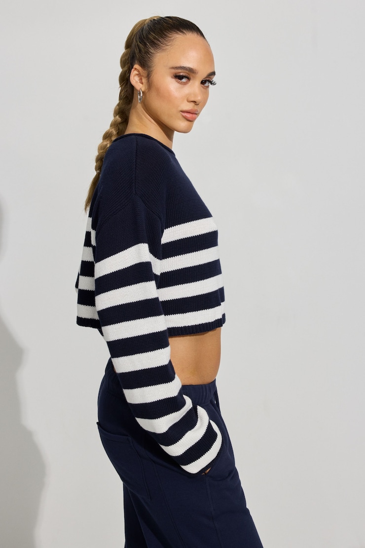 Supersoft Boatneck Sweater, Snow White/Mariana Blue Stripes, large