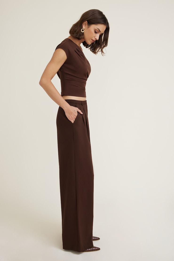Pleated Wide Leg Pants Bitter Chocolate Burgundy large